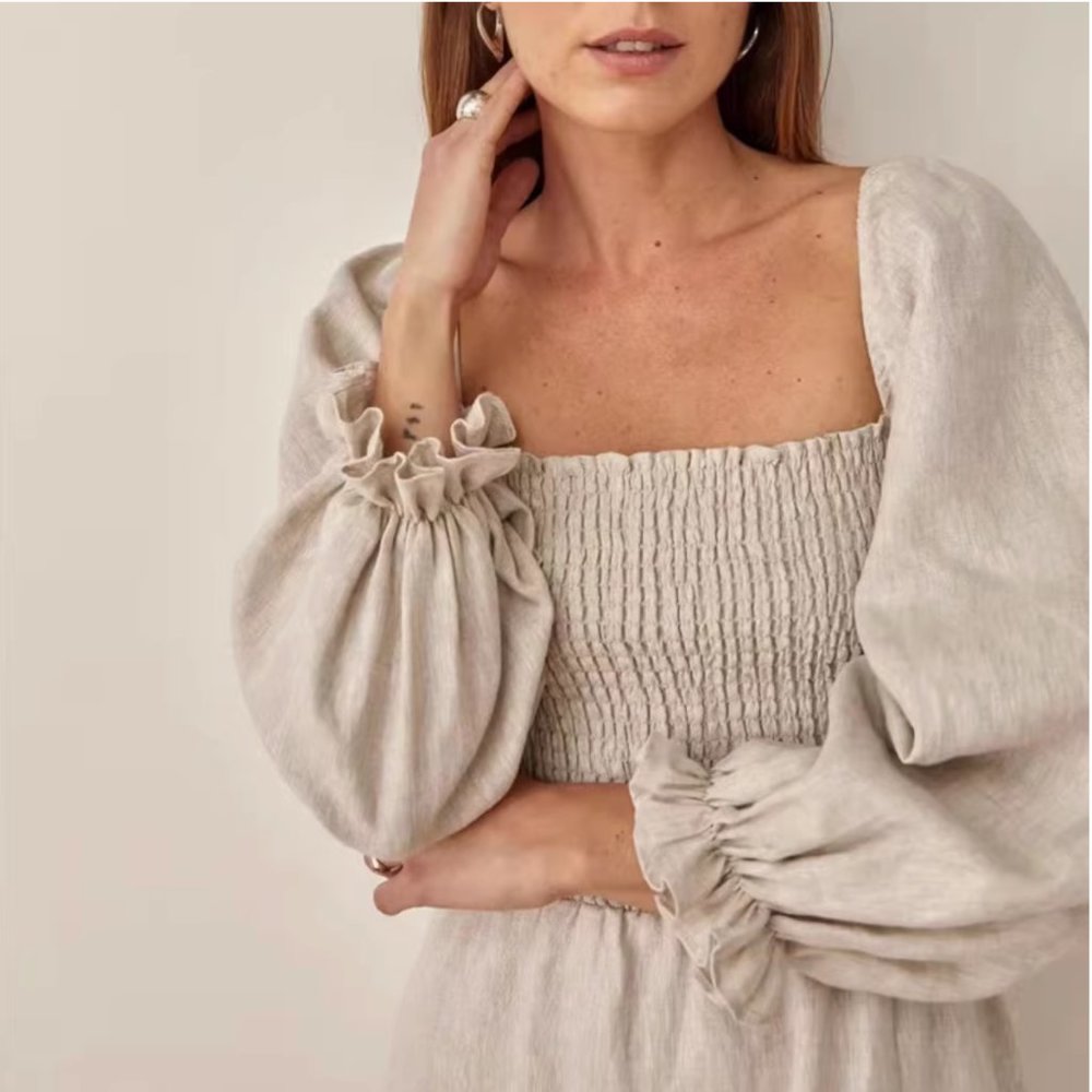 Reformation Cream Smocked Midi Dress with Balloon Sleeves